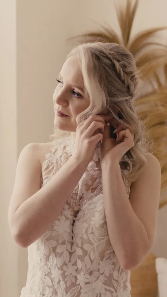Braut im Spitzenkleid legt ihren Ohrring an – Getting Ready für einen Hochzeitsfilm in Dresden.