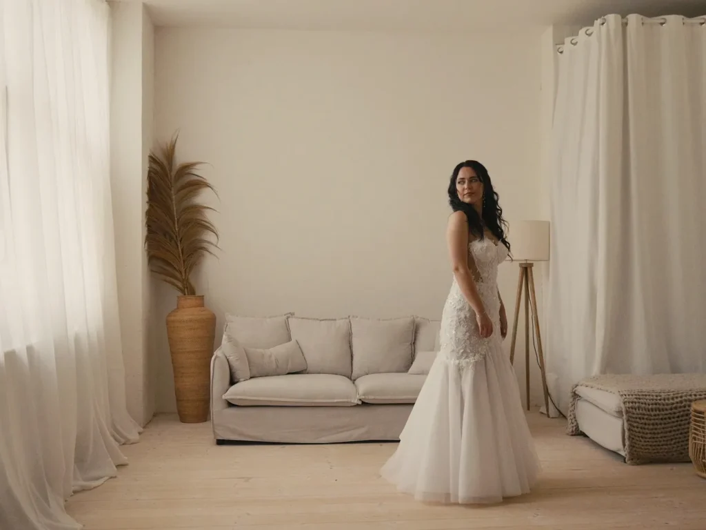 Braut im bodenlangen Spitzenkleid in einem hellen Raum mit Sofa und weißen Vorhängen – Hochzeitsvideograf in Sachsen.
